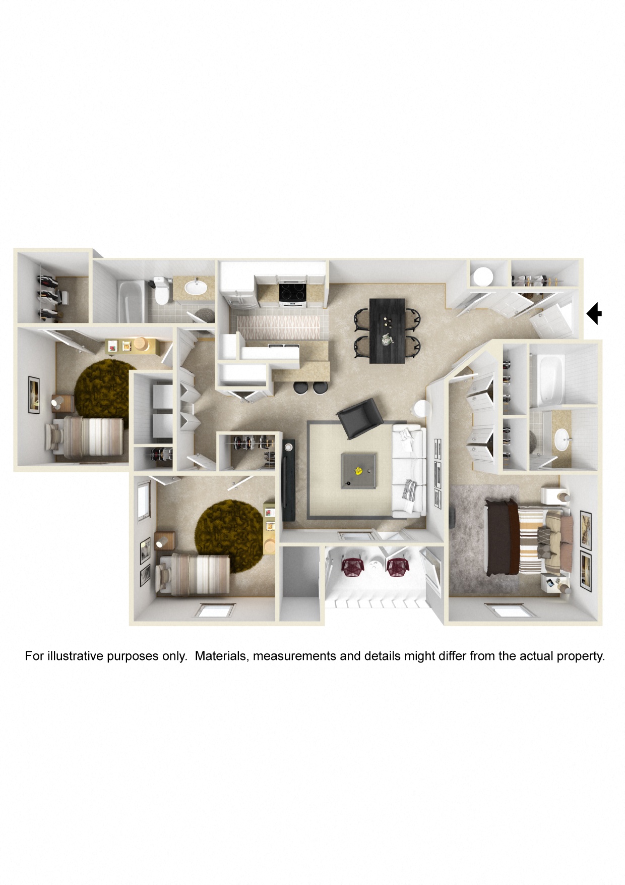 Floor plan for 3 beds, 2 baths, 1200 sqft